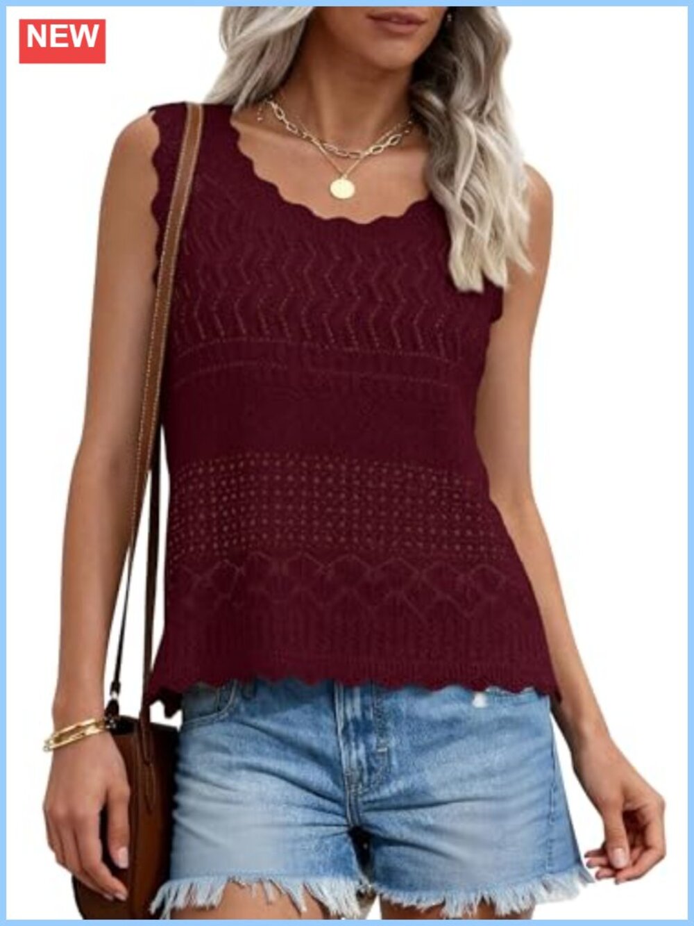 Womens Crochet Knit Sleeveless Tank Top Crew Neck Wave Hem Boho Vest